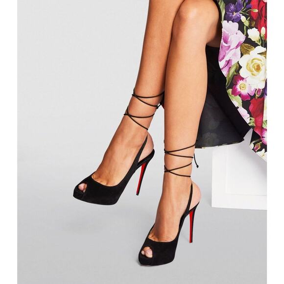 Christian Louboutin Lace Up NVP 120 Black Suede Peep Toe Sandal Heel Pump 36 - Picture 3 of 12